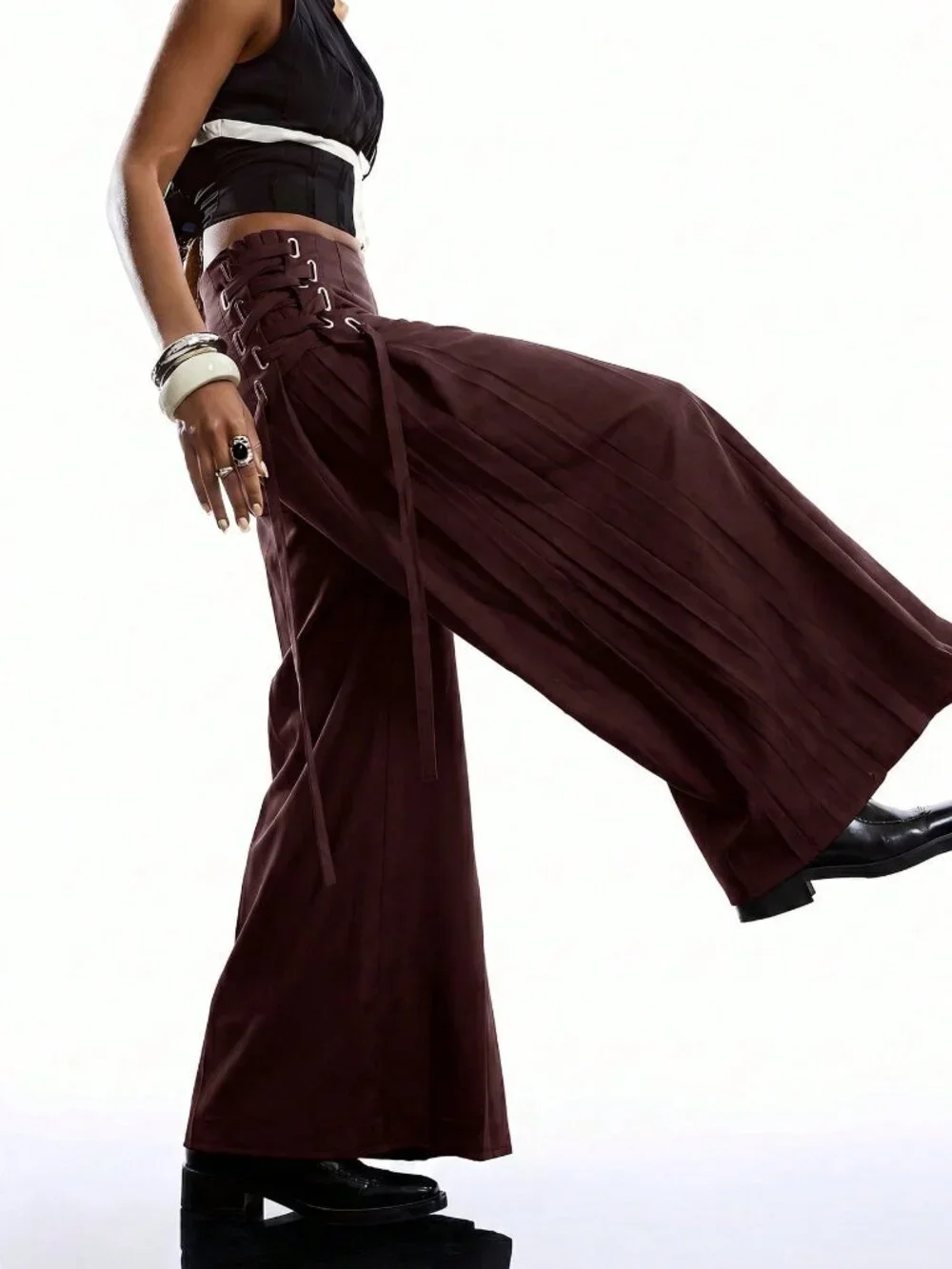 Brown Elegant Women's Drawstring Culotte Pants - Picture 3 of 6